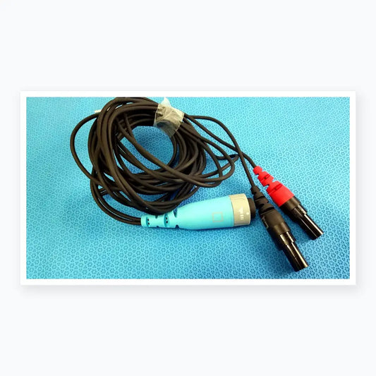 Black coiled catheter connector cable with light blue and gray housing and red capped bncs for reuse medical equipment
