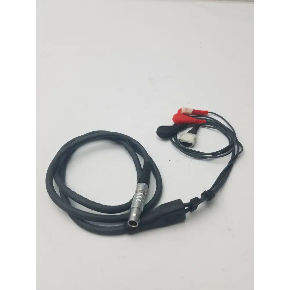 Black coiled lead set cable with metallic connector and red and white alligator clips for ekg ecg use