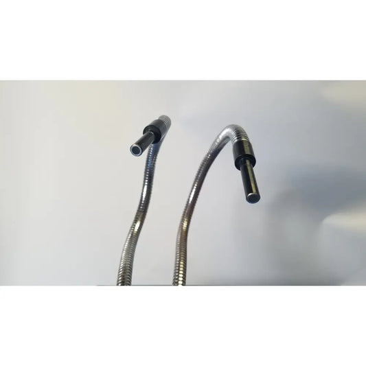 Two flexible metallic gooseneck lamp arms with black capped ends on fisher scientific dual fiber-optic illuminator