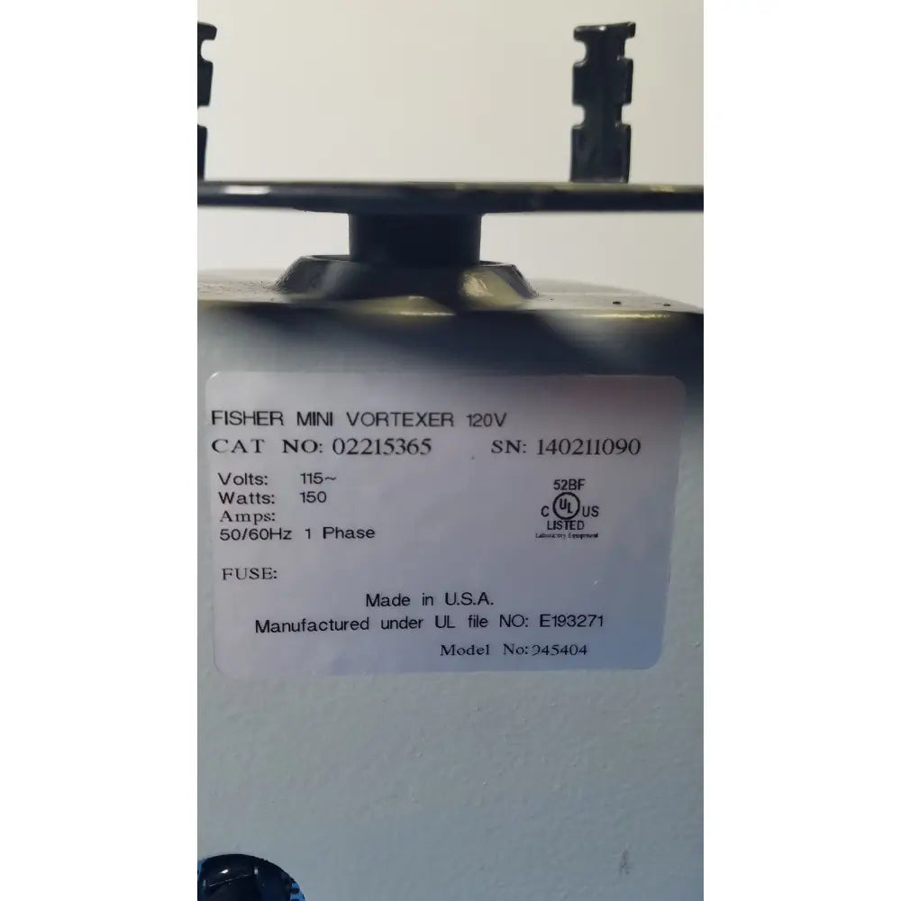 Fisher scientific mini vortex mixer 945404 with metallic gray casing and black terminal connectors for laboratory use