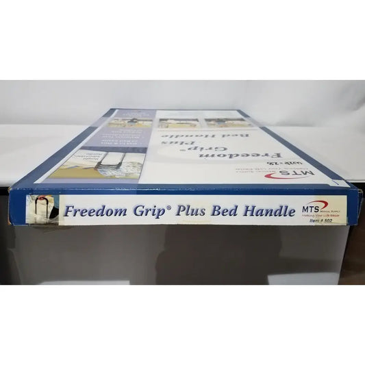 Blue and white cardboard box packaging for freedom grip plus bed handle patient support aid by mts