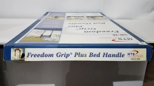 Blue and white cardboard box packaging for freedom grip plus bed handle patient support aid by mts