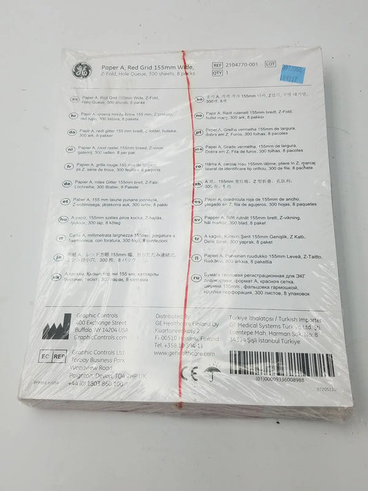 GE 2104770-001 Paper A Red Grid 155mm Wide Z-Fold Hole Queue Thermal Chart Paper, new product photo 2