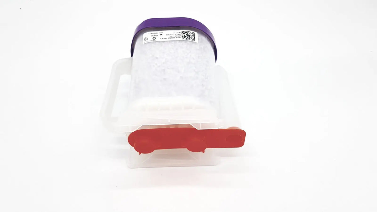 Transparent plastic ice cube tray with purple lid and red handle for ge amsorb plus calcium hydroxide exp 2026-11