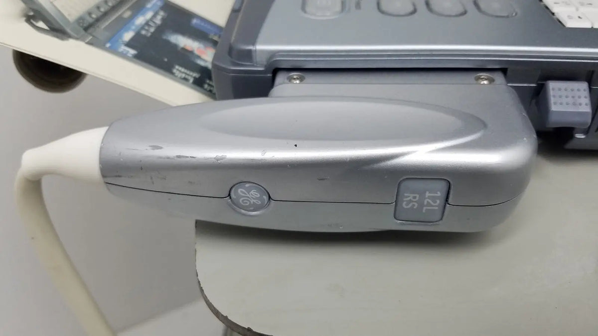Silver ge logiq e portable ultrasound transducer with white cable attached for portable ultrasound machine use untested