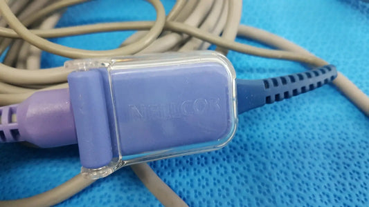 Purple and blue GE SpO2 interface cable with clear plastic housing branded atlicor for Nellcor OxiMax patient monitor
