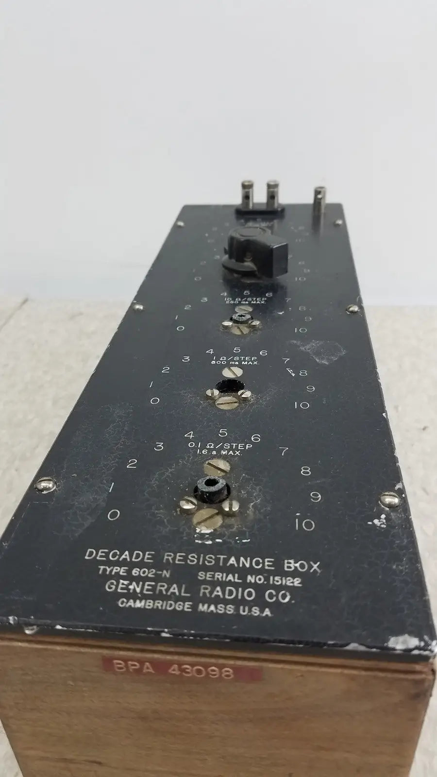 Black general radio 602-n decade resistance box in metal casing used for precise resistance measurement