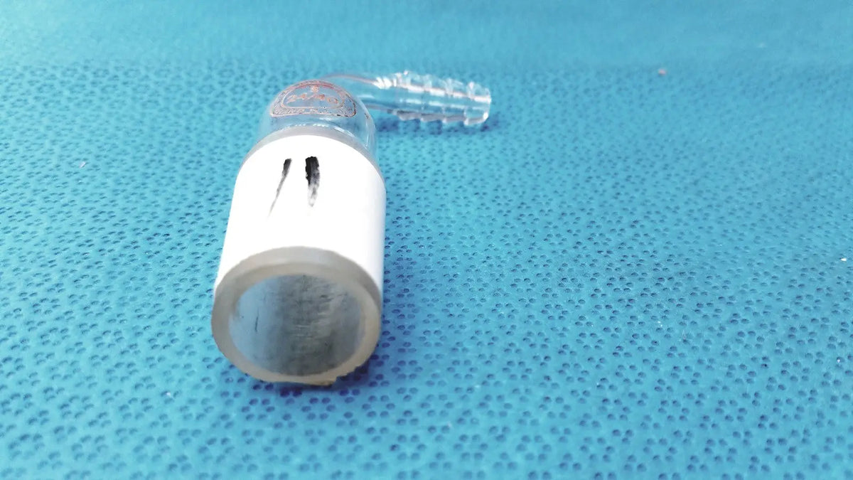 White glass adapter tube with transparent cap and clear plastic connector for 24/40 cone to rubber tubing reuse medical use