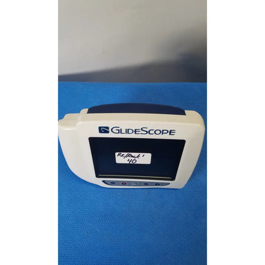 White and navy blue glidescope laryngoscope with black screen displaying re track 40 label on glidescope video monitor