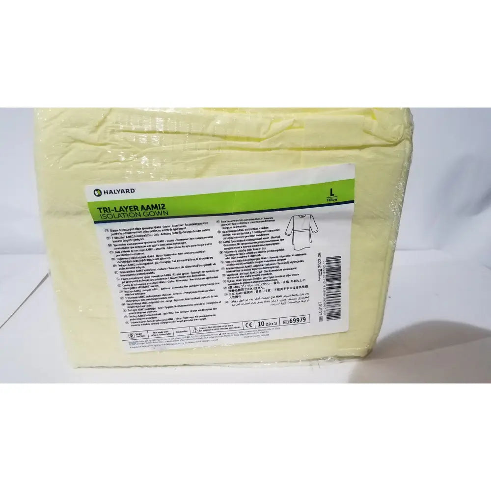 Yellow halyard tri-layer aam2 isolation disposable gown size l shown from the back in blue general use model 69979