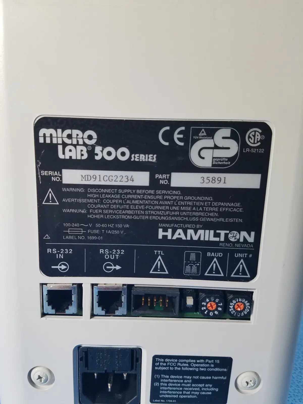Hamilton microlab 500 series syringe pump dispenser with black label silver metal ports and red rotary dial control panel