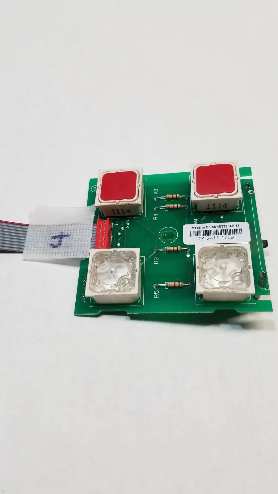 Green circuit board switch board with resistors barcode and gray ribbon cable for hill rom total care assembly