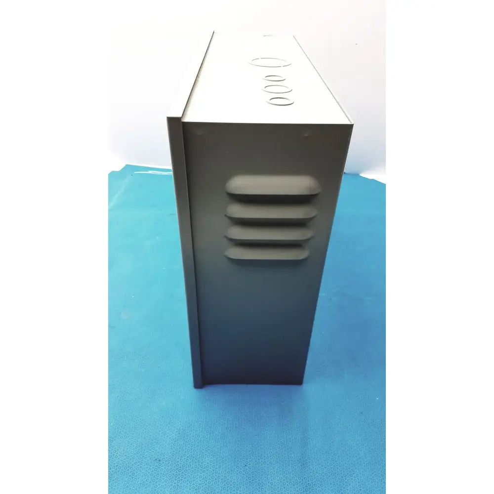 Black metal locker with horizontal ventilation slats and circular cutouts top in hoffman steel type 1 cutout box with latch