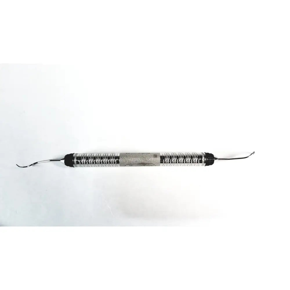Silver hu-friedy odu pq2n7 dental instrument with textured ribbed handle and two curved metal tips for periodontal use