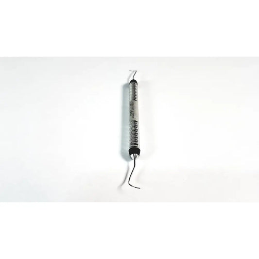 Silver metallic spring-loaded hu-friedy explorer 11/12 odu pq2n7 dental instrument with black rubberized grips