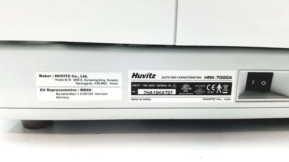 White huvitz autorefractometer keratometer hrk-7000a with black power switch and detailed specification label