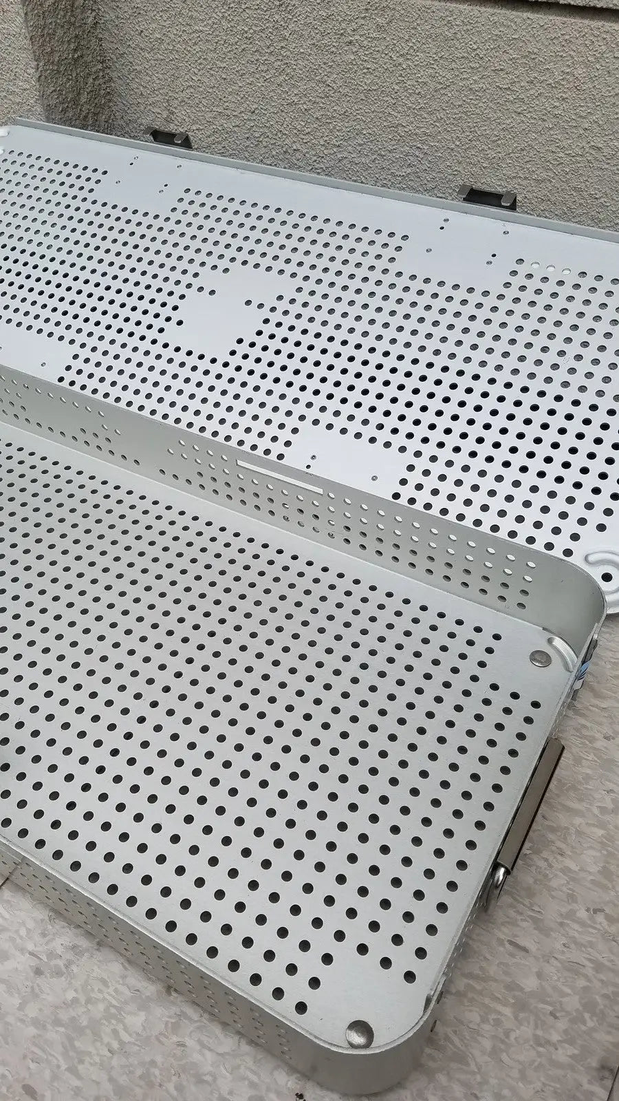 Silver perforated metal tray with reinforced edges for imp innovative medical mayo knee positioner base tray 706-S