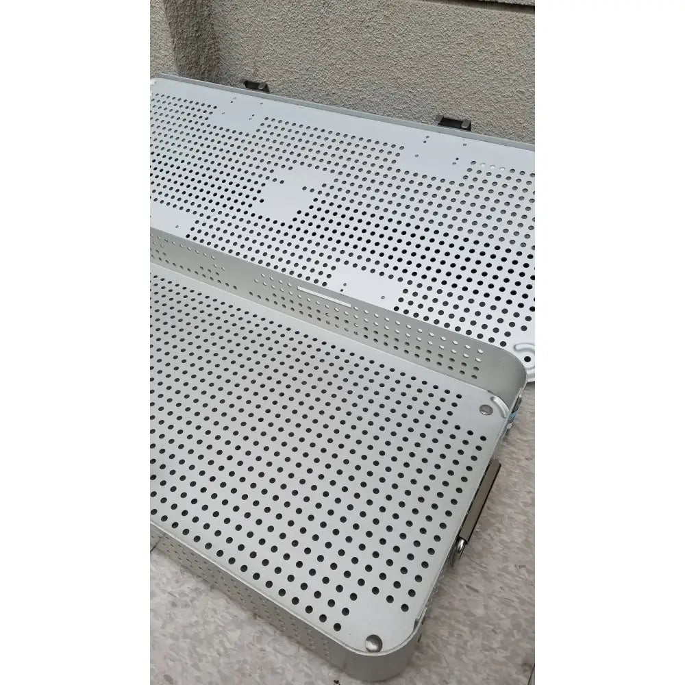Silver perforated metal tray with reinforced edges for imp innovative medical mayo knee positioner base tray 706-S