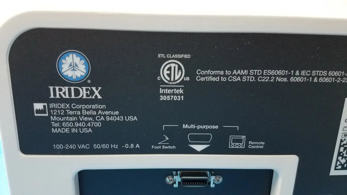 White plastic iridex cyclo g6 ophthalmic laser console multi-purpose device with black label and certification logos