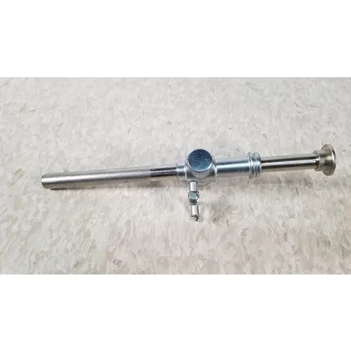 Silver piston valve cannula with cylindrical body, threaded ends, and central knob for adjustment Jarit 600-440