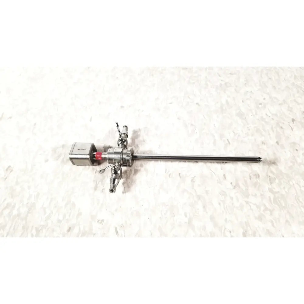 Stainless steel karl storz diagnostic arthro sheath with long slender shaft and multiple ports on handle for arthroscopy