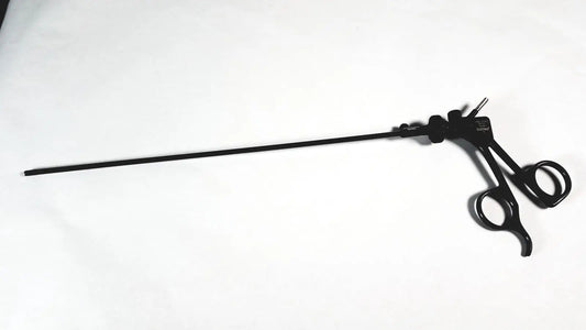 Black karl storz clickline handle with insulated shaft laparoscopic tool featuring long slender shaft and dual handles