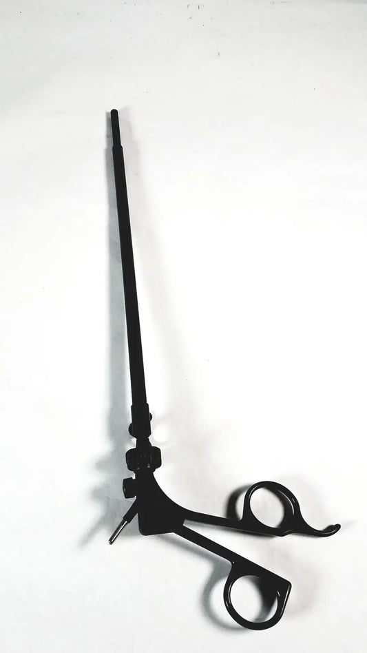 Black Karl Storz monopolar surgical handle with long slender handle and two curved ringed ends for electrosurgical use