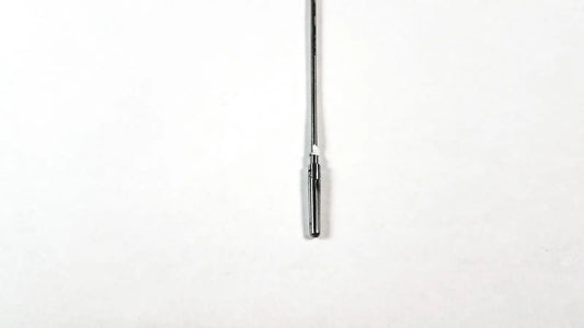 A sleek metallic karl storz clickline grasping insert with polished chrome finish and white band near its base
