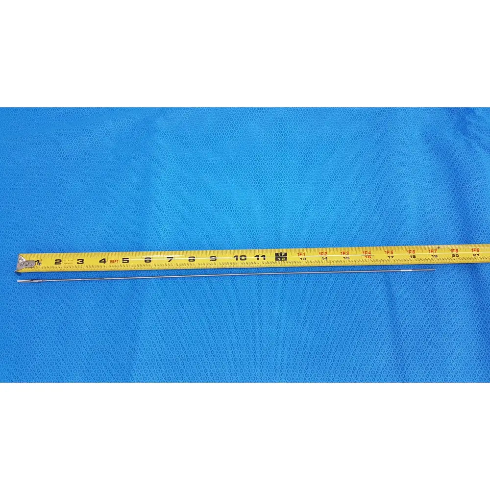 Yellow measuring tape with black markings and metallic blade featured with karl storz laparoscopic grasper model 33410ml