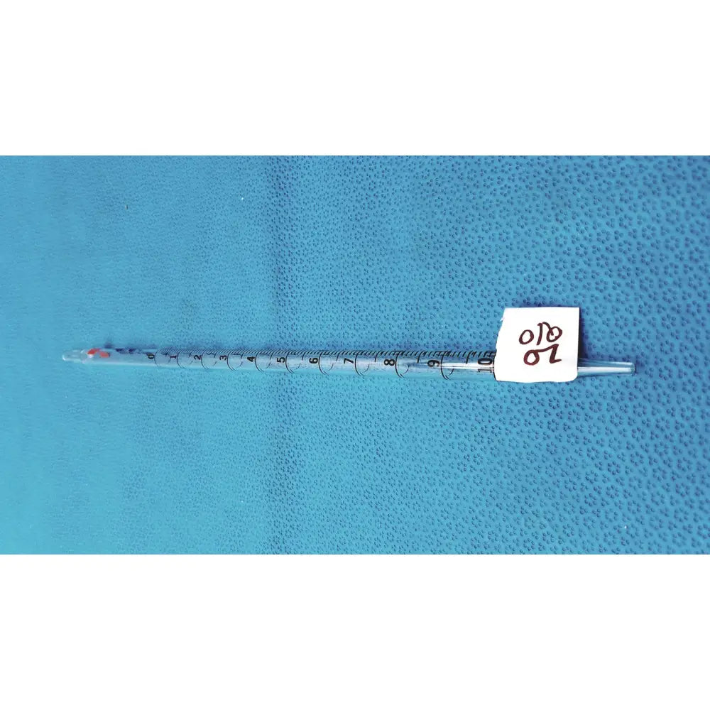 Clear plastic 10ml glass measuring pipette borosilicate with black markings and white label for precise lab use