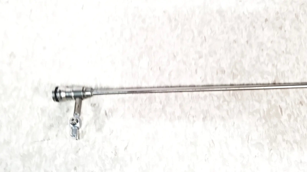 Silver-colored slender laparoscopic hysteroscopy diagnostic sheath endoscope with metallic shaft and articulated joint at head