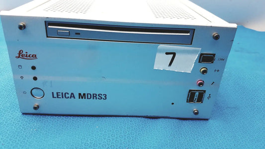 Light blue Leica MDRS3 CD drive with silver front panel and side ports in Leica MDRS4 medical digital recording system