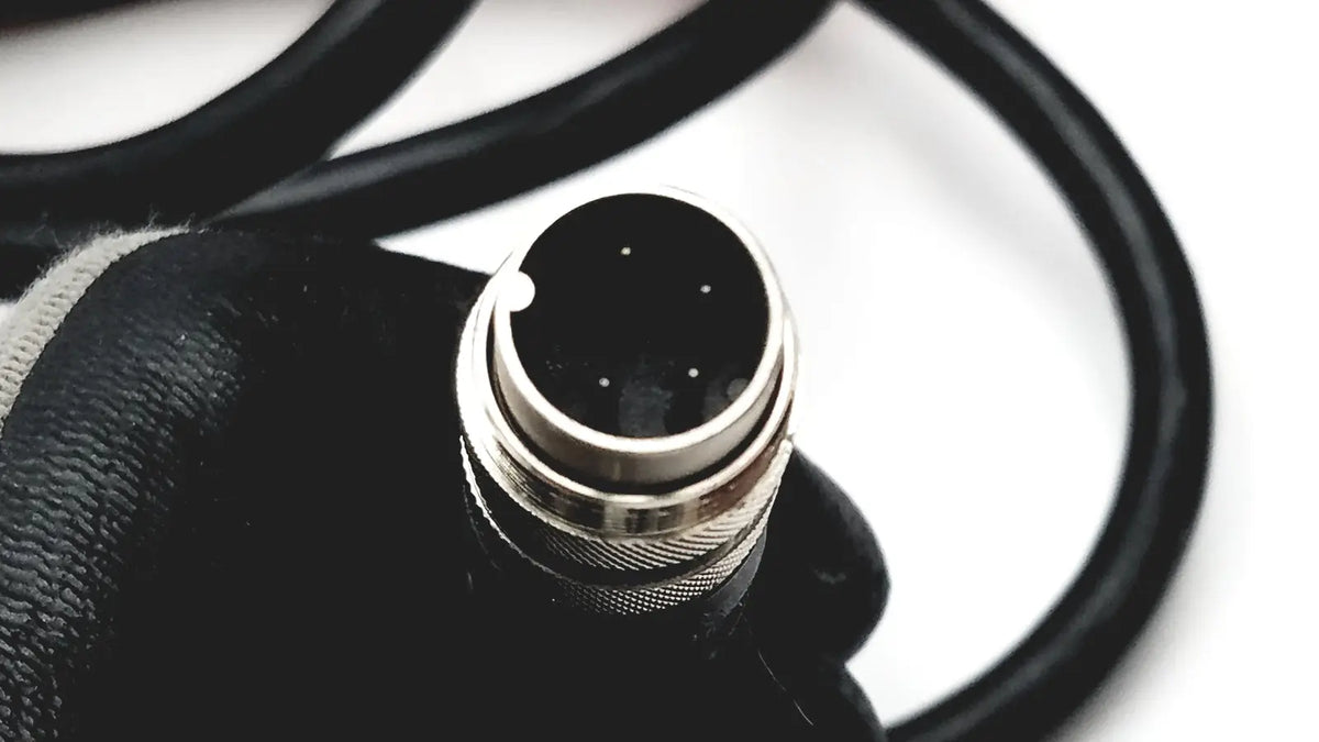 Black and silver industrial connector with circular threaded housing and black cable for linemaster cat treadlite ii foot switch
