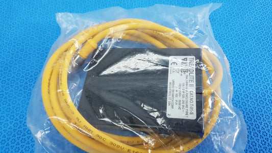 Yellow coiled cable and black power supply unit inside clear packaging for linemaster treadlite t-91-s foot switch