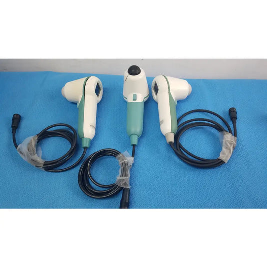 Lot of 3 verathon bladderscan handheld ultrasound probes in white and teal with ergonomic design for reuse medical equipment
