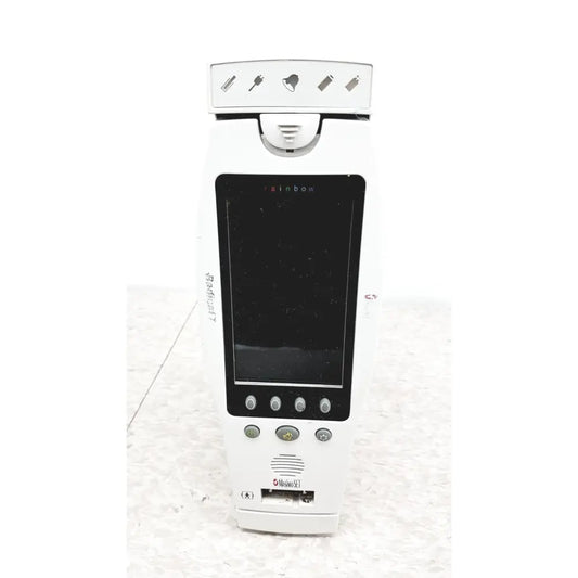 White plastic masimo radical-7 signal pulse oximetry touch color patient monitor with black screen and motorola logo