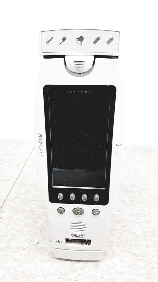 White plastic masimo radical-7 signal pulse oximetry touch color patient monitor with black screen and motorola logo