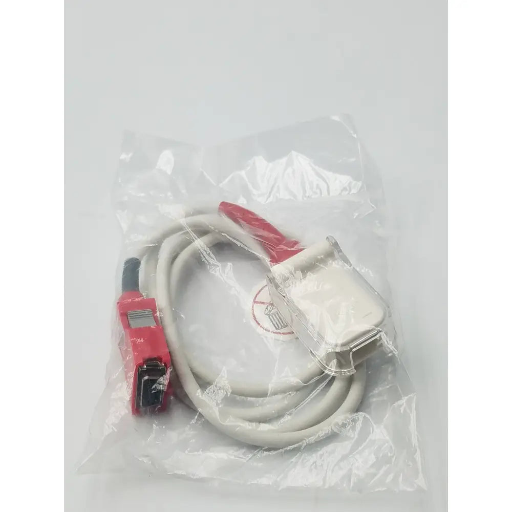 Red and white MASIMO RC-12 rainbow patient cable with coiled gray connector for spo2 patient cable use