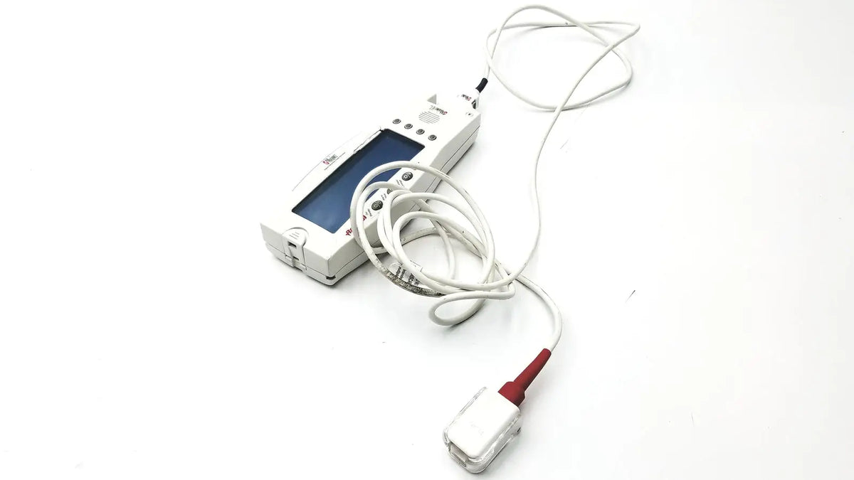 White masimo set radical medical monitor with blue screen and coiled cable featuring red connector for signal extraction use