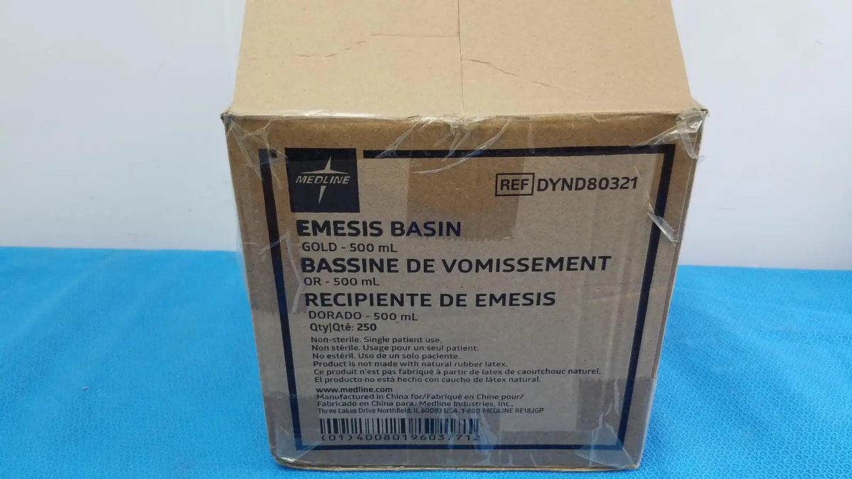 Medline emesis basins gold 500 ml non-sterile kidney dishes displayed in a cardboard box for medical use