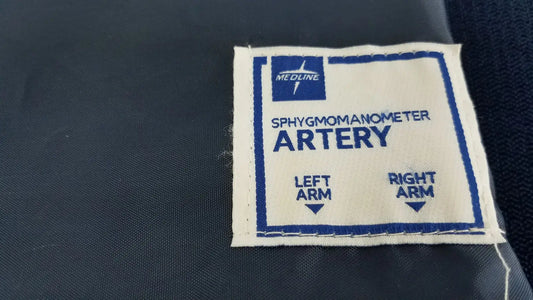 Blue and white embroidered label on medline sphygmomanometer artery large adult blood pressure cuff