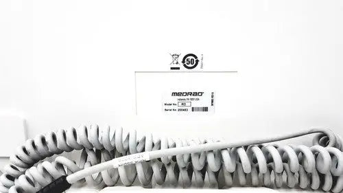 Coiled white medical cable with black connector labeled medrad for reuse medical mark v provis injector system