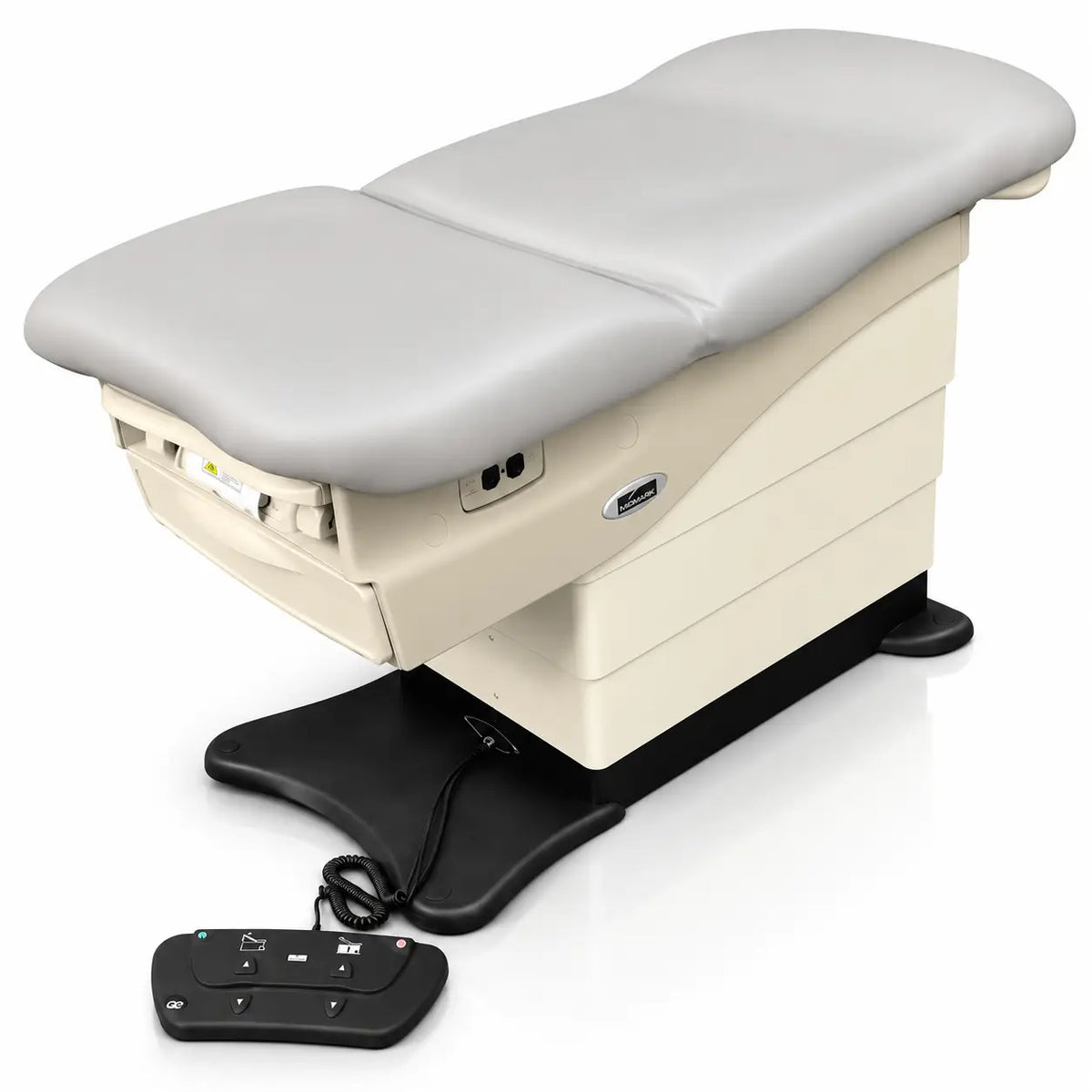 Beige and gray midmark 625 barrier-free power exam table with black base and wired control examination table