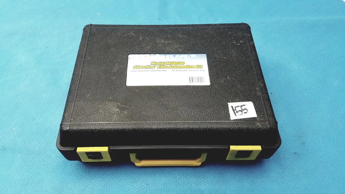 Black hard-shell carrying case with yellow latches labeled model mv300 silverline film protective kit for mityvac mv8500 elite automotive kit