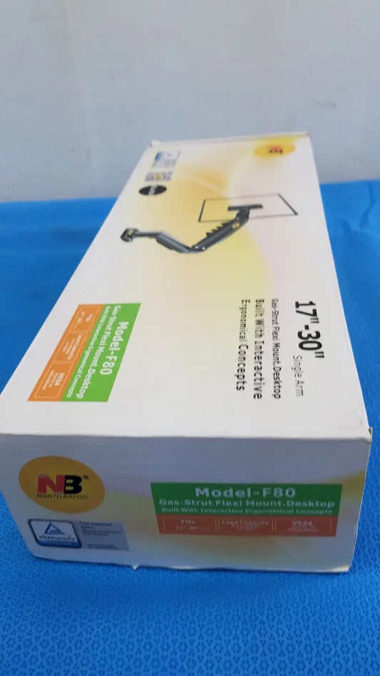 White cardboard box for north bayou f80 gas-strut flexi desktop single monitor mount stand with yellow and green label