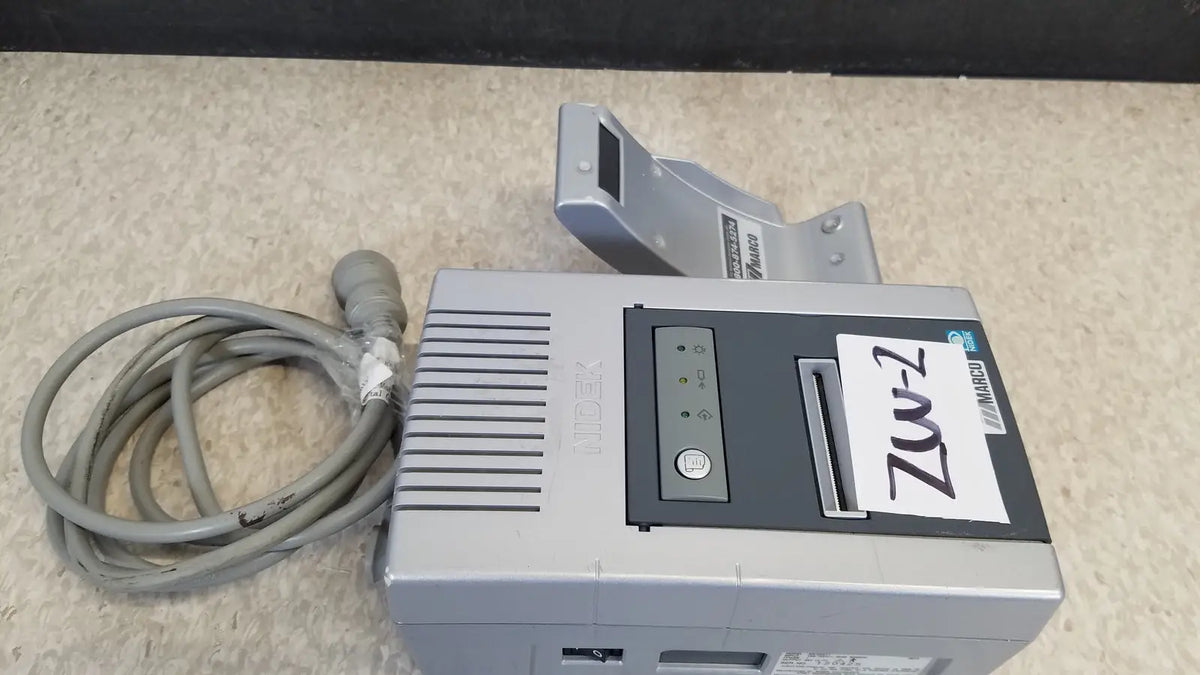 Gray marked zw-2 receipt printer with coiled gray power cord and paper tray for nidek ar-20st1 handheld autorefractor printer