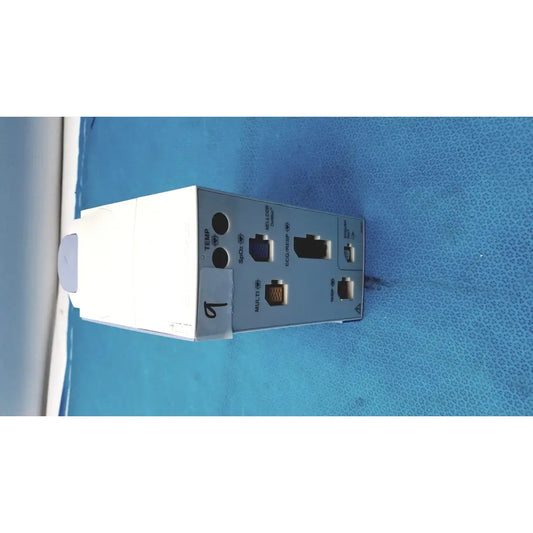 White rectangular nihon kohden ay-651p multi-parameter module showing labeled temp spo2 and ecg ports on back side