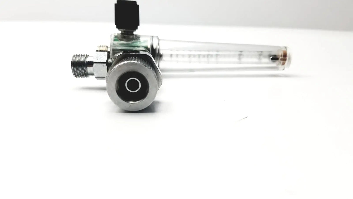 Silver metallic ohmeda oxygen flowmeter ahe a30473 with transparent glass tube and black knob for precise flow control