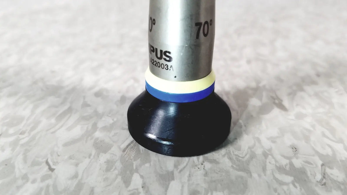 Silver metallic angle gauge with black rubber base and blue-yellow ring for olympus a22003a 4mm 70º cystoscope