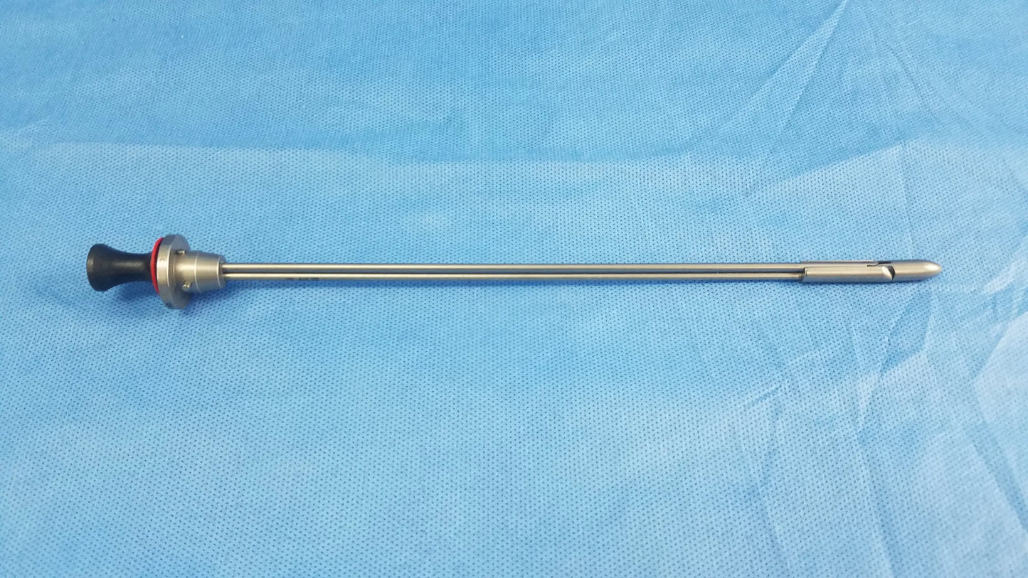 Olympus a22086a deflecting obturator surgical instrument with silver metallic shaft and black handle with red accent ring